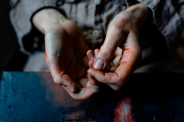 Close-up of painted hands of a female painter in her studio
