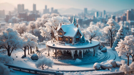 Snowy kawaii 3D city with icicles, bare trees, and frosty elements. Circular diorama with a calm, wintery atmosphere and neutral background.