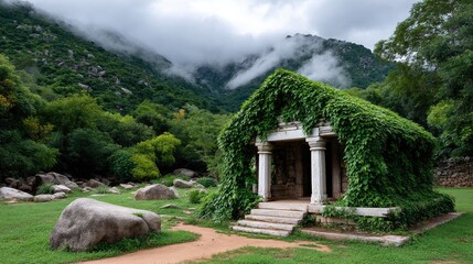 Ancient stone structure covered in vines in a natural setting