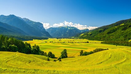 Vibrant green mountain valley with rolling hills and blue sky