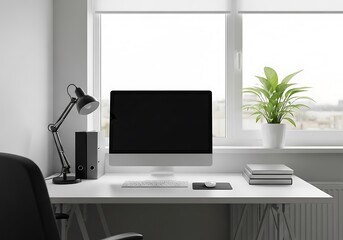 Fototapeta premium Modern home office setup with computer, desk lamp, and indoor plant near window