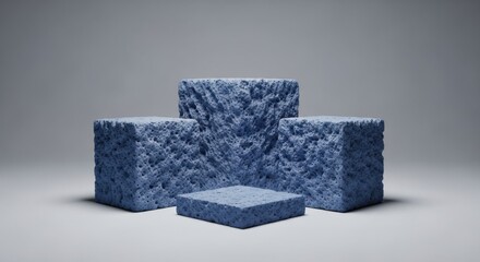 Abstract arrangement of blue textured cubes on a clean gray background