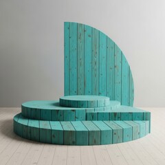 Tiered teal wooden pedestal with curved backdrop on light wood floor
