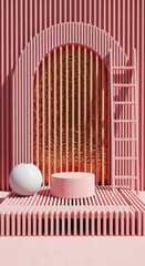 Minimalist pink stage with geometric shapes and textured background