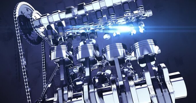 Rotating V8 Engine with Chrome and Gold Parts. Low Angle. High Quality 3D Animation.