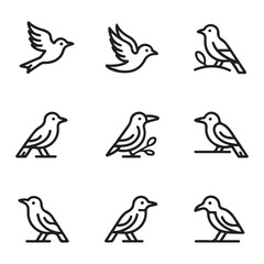 Minimalist Bird Line Icons Set &ndash; Elegant Outline Sparrow Vector Collection