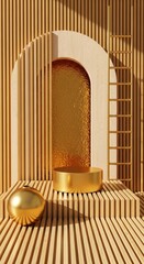 Modern luxury display with gold accents and natural wood textures