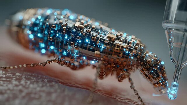 Robotic insect on human skin being interacted with by a tool, representing future medical technology and microrobotics footage.