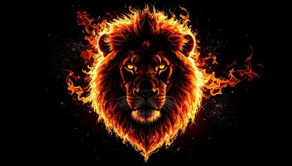 A powerful flaming lion head symbol burning with intense fire. Abstract majestic wild animal sign of power and the Leo zodiac.