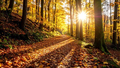 Sunlit autumn forest path