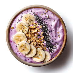 Purple Smoothie Bowl Topped with Banana Slices, Granola, and Chia Seeds