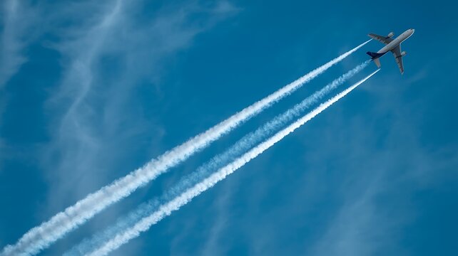 Aeroplane leaving triple contrails against blue sky