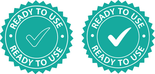 Obraz premium Two Teal Ready To Use Check Mark Badges seal stamp, ready to use, check mark, badge, seal, stamp, approval, verified, confirmed, accepted, passed, success, done, completed, ready, available, go, green