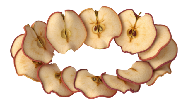 Dried apple slices arranged in a circle isolated on a transparent background fruit food