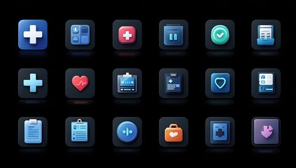 Set of dark, square medical app icons