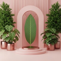 Minimalist pink archway with plants and a large green leaf on a podium