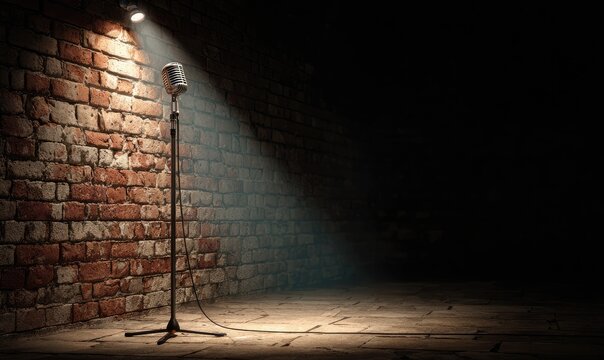 Vintage microphone on a stand illuminated by spotlight in a brick-walled room
