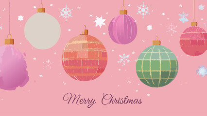 Naklejka premium Vintage Ornaments: A Retro Christmas Card with a Pink Background, Showcasing Hanging Baubles in a Stylish and Playful Holiday Aesthetic.