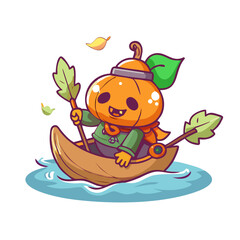 Vector art of a cute pumpkin character is sailing a boat isolated on white background