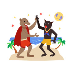 Vector art of two monsters are dancing on the beach under the moon illustration