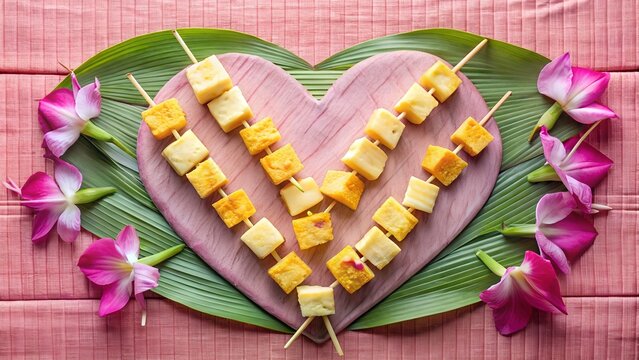 Photo of paneer skewers arranged on a heartshaped board, adorned with vibrant pink and purple orchids on a pink wooden background
