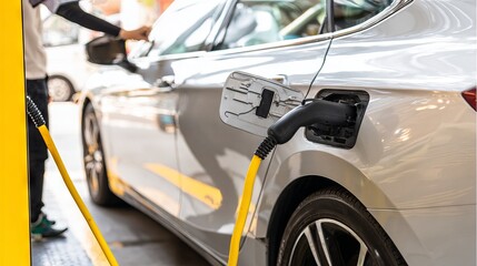 Electric vehicle charging at a station, with a close-up of the charging cable connected to the car, showcasing modern technology and sustainable energy solutions for transportation