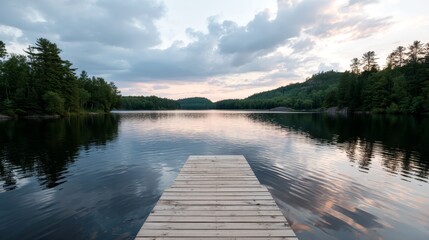 Fototapeta premium Serene lakeside sunset view with wooden pier extending into calm waters, lush green wooded hills, soft pastel sky reflections, tranquil atmosphere, capturing nature's peaceful beauty