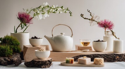 Luxury tea ceremony setup with wagashi, elegant Japanese sweets arrangement