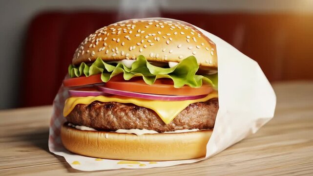 Juicy cheeseburger with lettuce, tomato, and onion in paper wrap  
