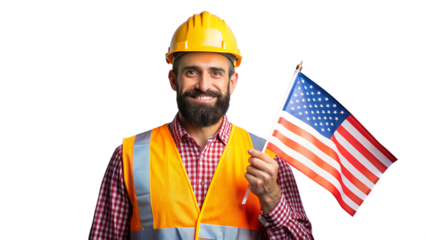 Construction worker holding american flag isolated on black background isolated on white background isolated on transparent background