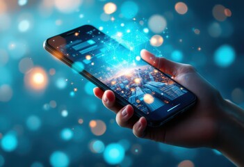 A smartphone displays a city skyline overlaid with digital connections.