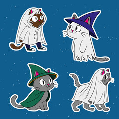 Stickers set collection for Halloween occasion. Cute and funny magical cat character avatar. Halloween decoration autumn october festive