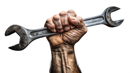 Strong hand holding a wrench isolated on black background isolated on white background isolated on transparent background
