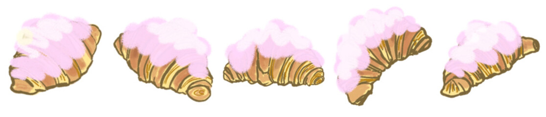 Cute Croissant with Pink Whipped Cream Topping in Hand-Drawn Pastel Style Illustration