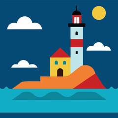 Lighthouse on seashore flat vector illustration