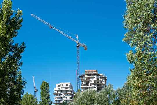 Urban skyline with multiple construction cranes rising above trees and new apartments, symbolizing growth in real estate investment and housing industry transformation.