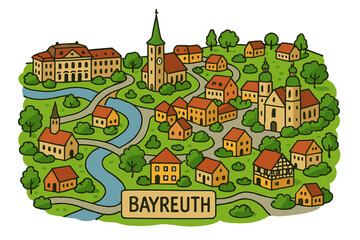 Fototapeta premium Retro tourism poster featuring a German landscape with the headline Kaufbeuren in Bayern