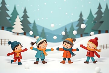 Fototapeta premium Four children playing snowball fight in winter forest