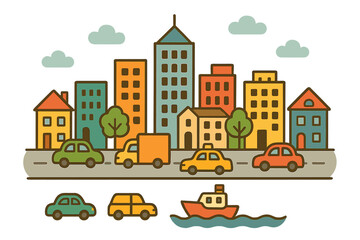 Obraz premium A vibrant Asian street scene features brightly colored buildings, a maze of electric wires, and tuk tuks navigating the roads, adjacent to a scenic seafront promenade