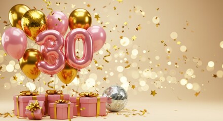 Celebratory 30th birthday scene with pink and gold balloons and gifts