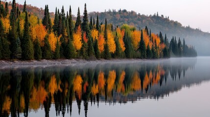 Obraz premium Serene dawn over a calm lake with vibrant autumn foliage reflecting in the water, gentle mist hovering above, warm early morning light illuminating colorful trees along the shoreline