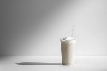 Refreshing Creamy Beverage in Transparent Cup with Straw on Table