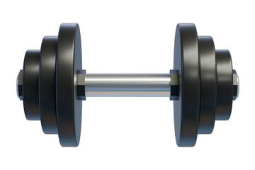 Black dumbbell adjustable with stainless steel bar, on a transparent background.