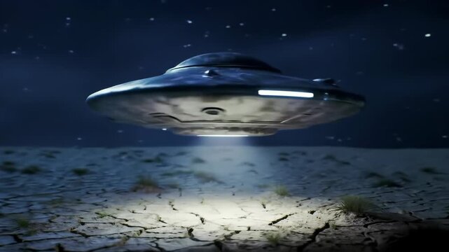 Futuristic UFO hovering above cracked ground against starry night sky 