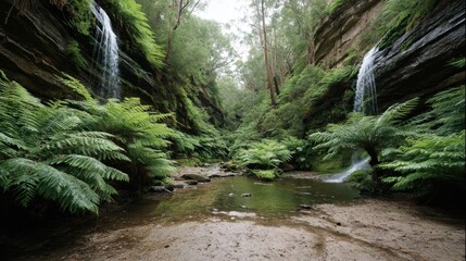 Serene rainforest with twin waterfalls cascading into an emerald pool surrounded by lush ferns and mossy rocks, capturing tranquility and natural beauty