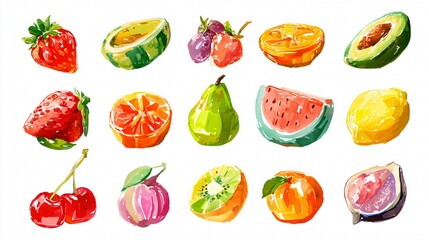 Fototapeta premium Vibrant Colorful Isolated Fruit Icons on White Background for Design Projects