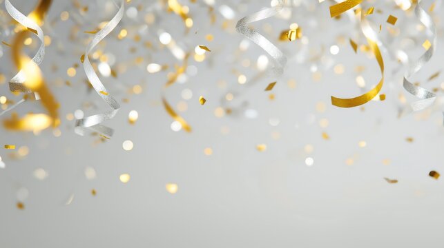A celebratory display of falling gold and silver confetti against a light background - Powered by Adobe