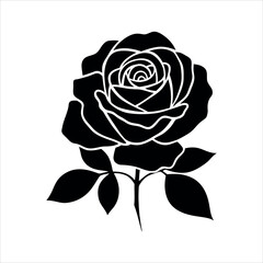 Black silhouette of a blooming rose with leaves on a white background flower black and white
