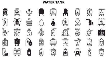 Solid Black Water Tank Icons: Collection of Water Storage and Supply Symbols