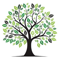 Money tree with green leaves and currency symbols isolated on transparent background